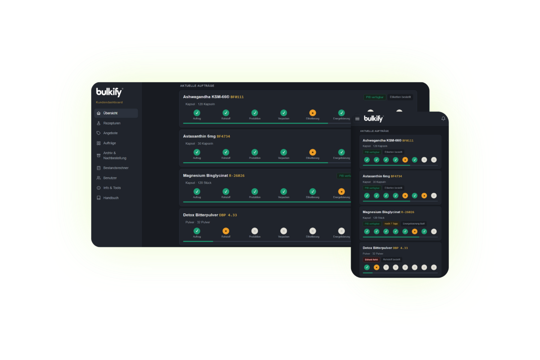 bulkify Kundendashboard auf Desktop und Smartphone – aktuelle Aufträge mit Live-Status je Station